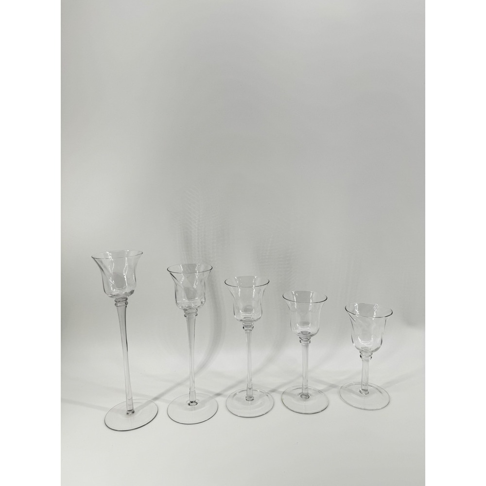 Set of 5 Graduated Clear Glass Tulip Taper Candle Holders Elegant Home Decor